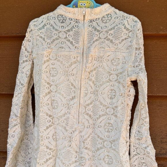 Zunie Cream Lace Long-Sleeve Dress 10 With High Collar & Back Zipper - Picture 6 of 7